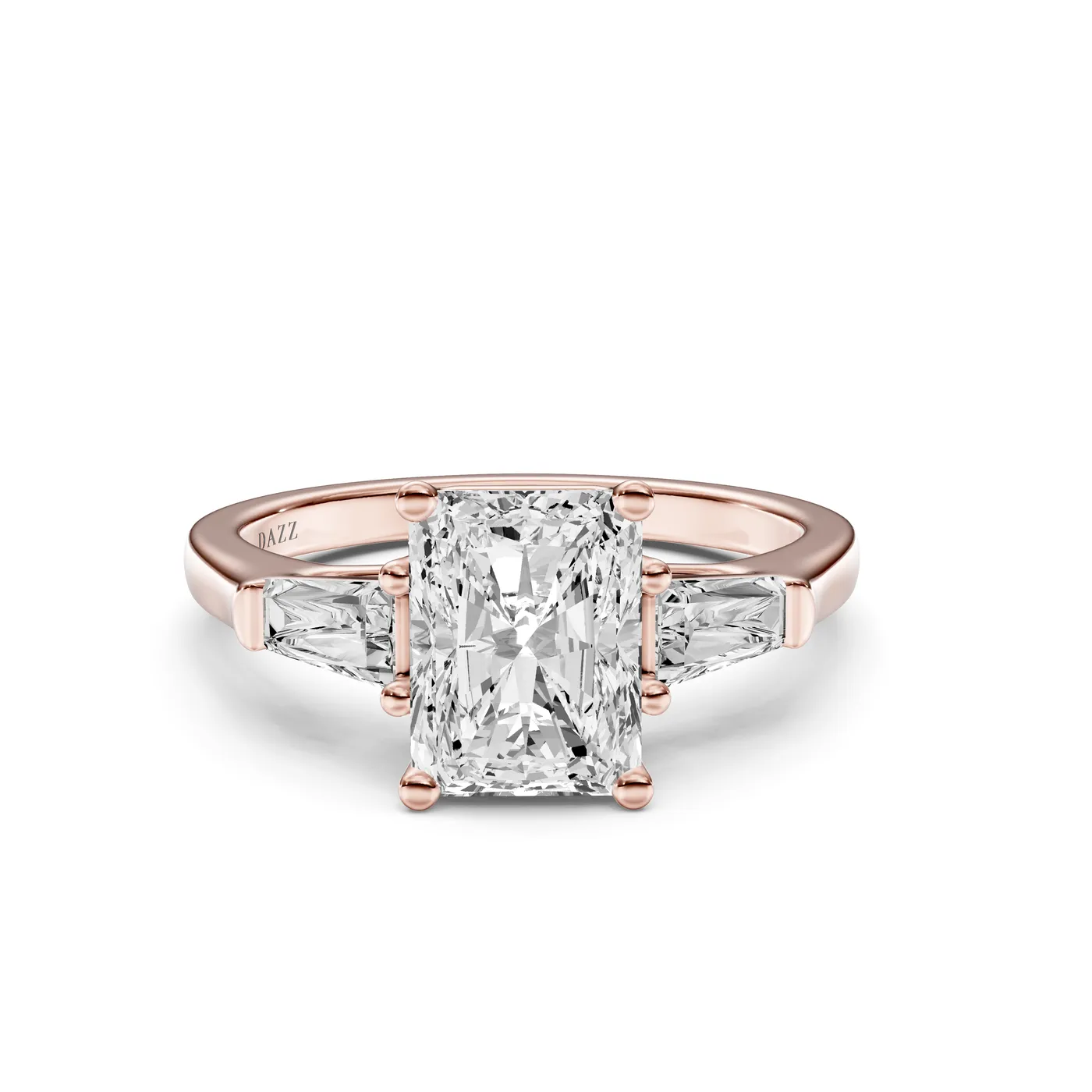 Three-Stone Tapered Baguette Ring — Radiant, Radiant cut, Rose gold — DAZZ diamonds